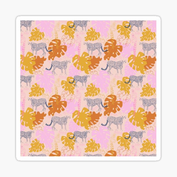 Animal de la jungle léopard feuilles monstera noir turquoise rose orange motif pattern Sticker