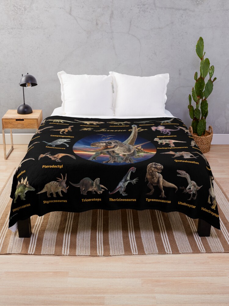Thumbnail 1 of 6, Throw Blanket, Dinosaurs: The Jurassic Age (Black Background) designed and sold by examinethepast.