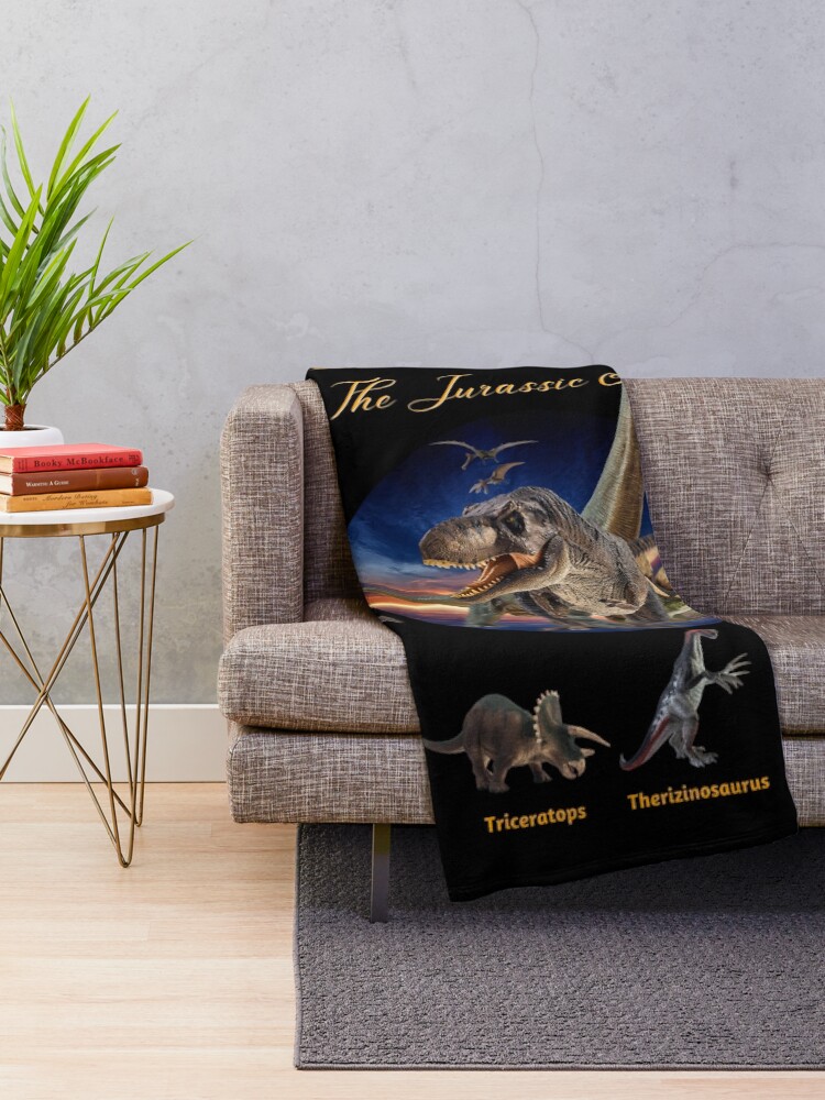 Thumbnail 2 of 6, Throw Blanket, Dinosaurs: The Jurassic Age (Black Background) designed and sold by examinethepast.