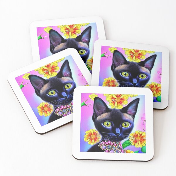 Item preview, Beautiful Black Siamese Cat Oil Painting with flowers in background designed and sold by ManifestoDesign.