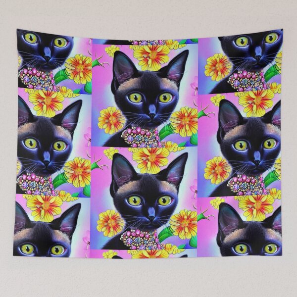 Item preview, Beautiful Black Siamese Cat Oil Painting with flowers in background designed and sold by ManifestoDesign.