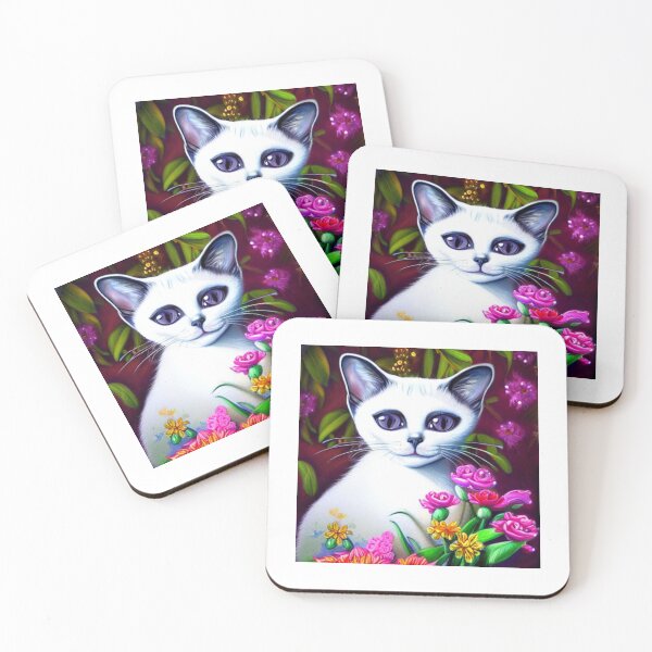 Item preview, Beautiful White Siamese Cat Oil Painting with flowers in background designed and sold by ManifestoDesign.