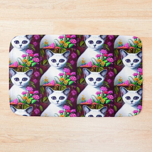 Item preview, Beautiful White Siamese Cat Oil Painting with flowers in background designed and sold by ManifestoDesign.