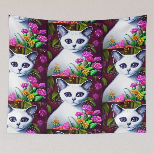 Item preview, Beautiful White Siamese Cat Oil Painting with flowers in background designed and sold by ManifestoDesign.