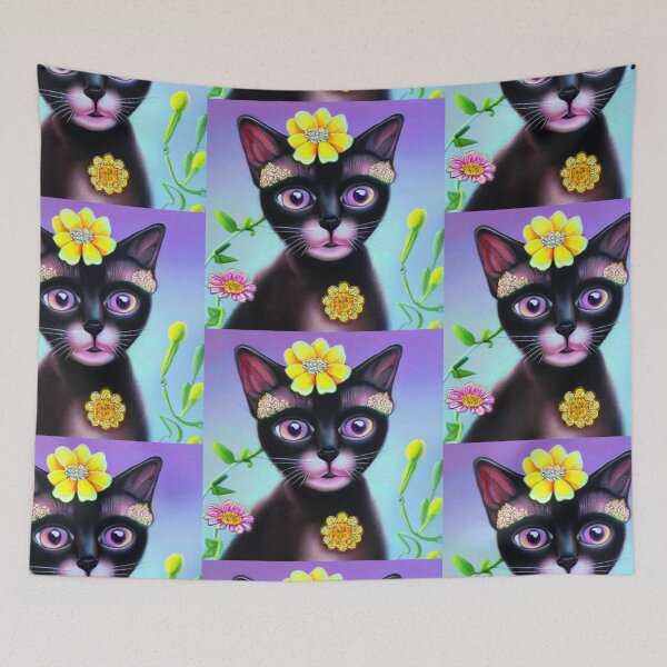 Item preview, Beautiful Black Siamese Cat Oil Painting with flowers in background designed and sold by ManifestoDesign.