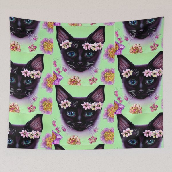 Item preview, Beautiful Siamese Cat Oil Painting with flowers in background designed and sold by ManifestoDesign.
