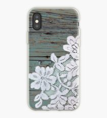 Distressed floral white lace western country teal barn wood iPhone Case