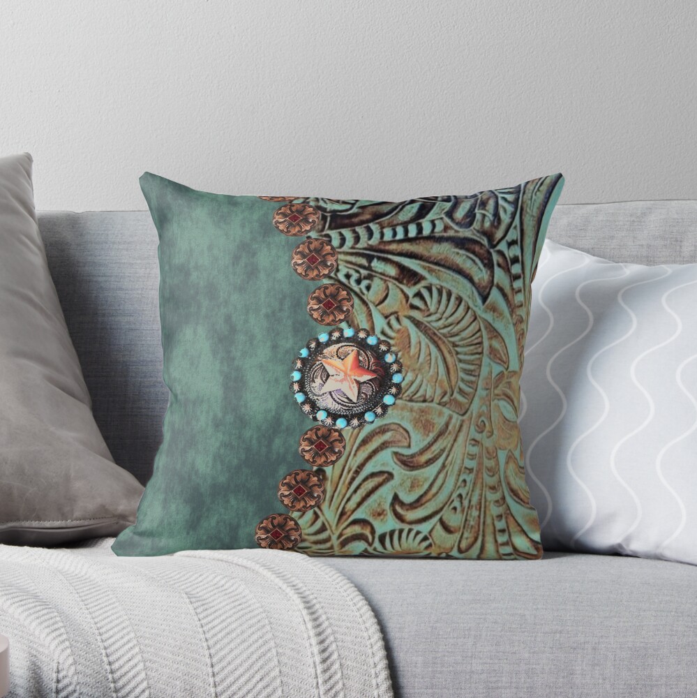 Rustic cowboy cowgirl western country green teal leather Throw Pillow