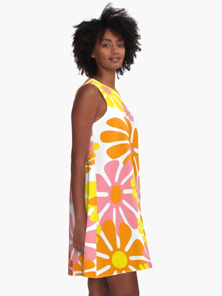 Thumbnail 2 of 4, A-Line Dress, 60's Retro Liquid Flowers in Orange, Yellow and Pink designed and sold by MellowCat.