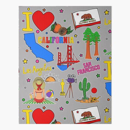 I love California, state map, Hand drawn Californian landmarks and