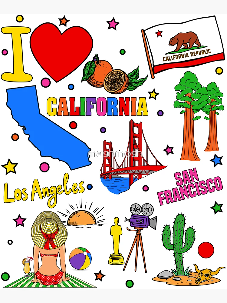 I love California, state map, Hand drawn Californian landmarks and