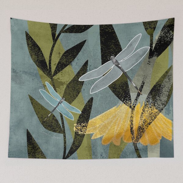 Item preview, Dragonfly and dandelion garden. Paper press graphic art print.  Caroline Laursen original. designed and sold by Caroline Laursen.