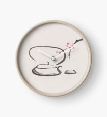 Teapot and sakura blossom Tea ceremony still life Japanese Zen Sumi-e painting art print Clock