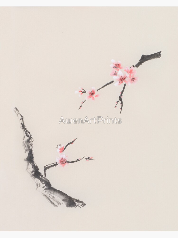 Sticker for Sale avec l'œuvre « Branches d'arbre de Sakura avec des fleurs  de cerisier fleurs orientales Sunshine Sumie peinture d'art de papier de  riz beige imprimer » de l'artiste AwenArtPrints
