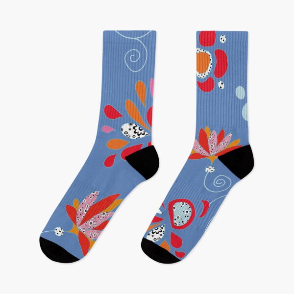 Item preview, Red and Orange Floral Pattern with Blue Background designed and sold by MausieDesigns.