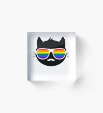 Cool Cat Love Peace LGBTQ Gay Rainbow Flag Acrylic Block