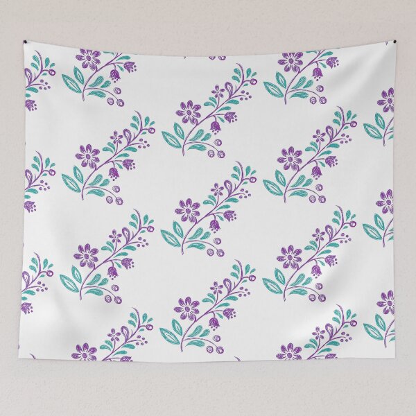Item preview, Boho folklore flowers purple and mint sketchy ink bohemian designed and sold by marie-inks.