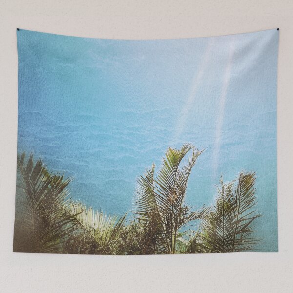 Item preview, Tropical Palms with Ocean Textured Look Light Blue Background Tropicalcore designed and sold by Beachy.