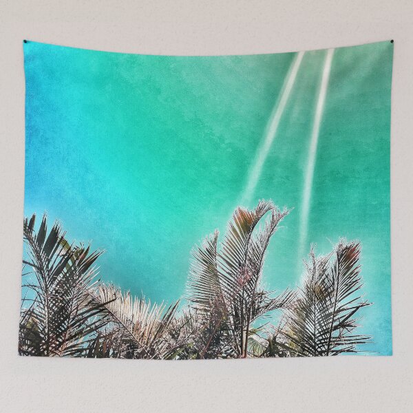 Item preview, Tropical Palm Fronds on Grunge Style Greenish Cyan Background Tropicalcore designed and sold by Beachy.