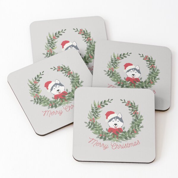 Item preview, Siberian Husky with Red Santa Hat and Scarf with Green Mistletoe and Merry Christmas Sign designed and sold by SeasonalDogs.