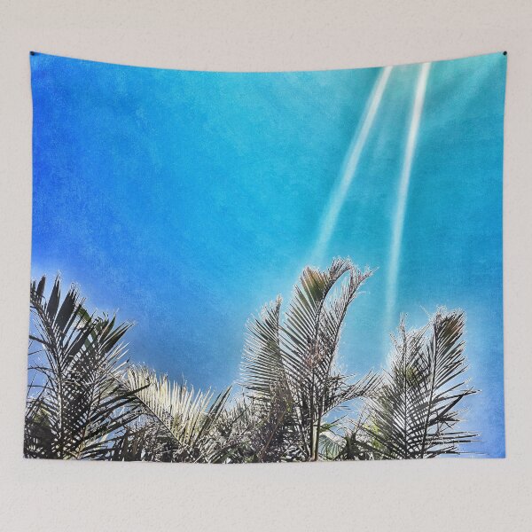 Item preview, Tropical Palm Fronds on Coastal Grunge Style Blue Background Tropicalcore designed and sold by Beachy.