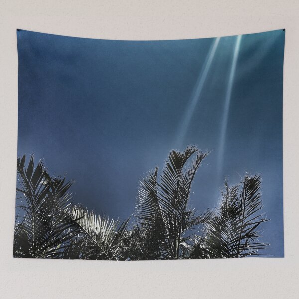 Item preview, Palm Fronds in Silvery Silhouette against Dark Dusty Blue Background - Night Botanical Tropicalcore designed and sold by Beachy.