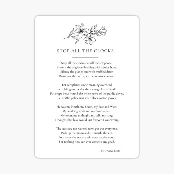 "Stop All the Clocks Funeral Poem" Sticker for Sale by JCL Design