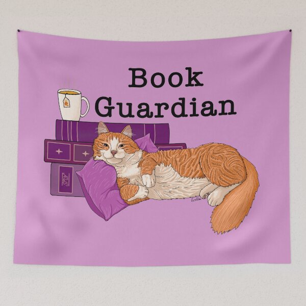 Item preview, Cat Book Guardian - Ginger Kitty Guarding Books - Cozy Kitty Book Guardian - Purple & Orange designed and sold by EcoElsa.