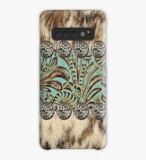 Rustic brown cowhide teal western country tooled leather Case/Skin for Samsung Galaxy