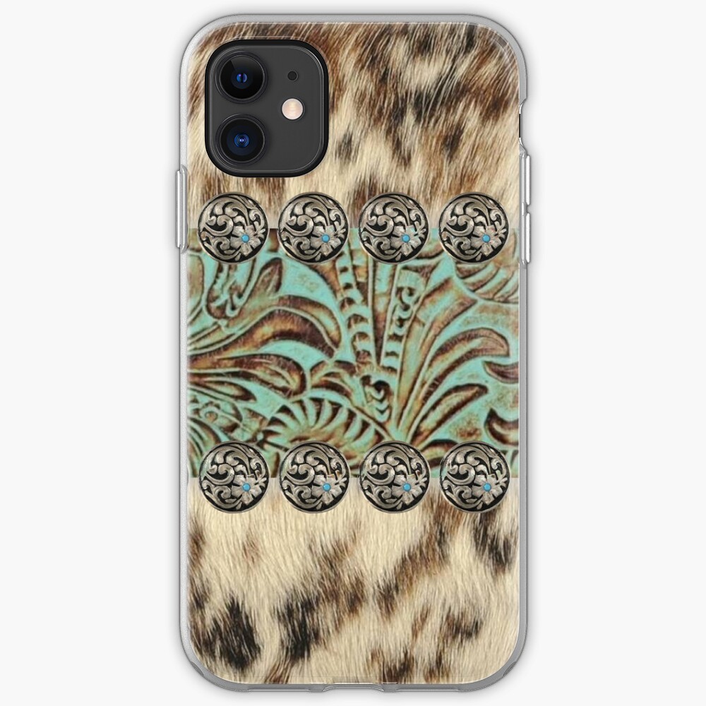 Rustic brown cowhide teal western country tooled leather iPhone Case & Cover