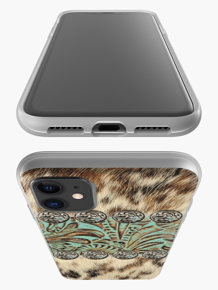 Alternate view of Rustic brown cowhide teal western country tooled leather iPhone Case & Cover