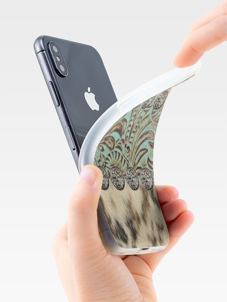 Alternate view of Rustic brown cowhide teal western country tooled leather iPhone Case & Cover