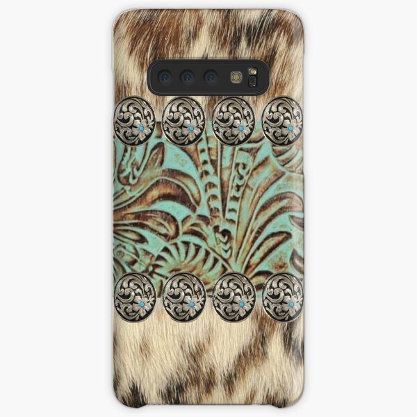 Rustic brown cowhide teal western country tooled leather Samsung Galaxy Snap Case