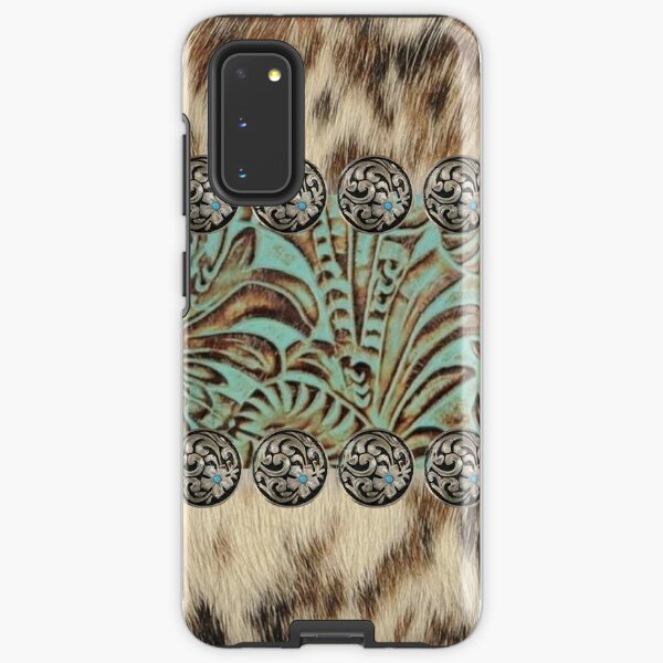 Rustic brown cowhide teal western country tooled leather Samsung Galaxy Tough Case