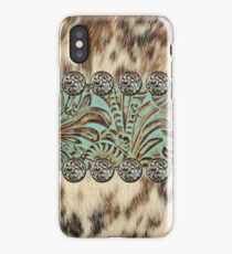 Rustic brown cowhide teal western country tooled leather iPhone Case