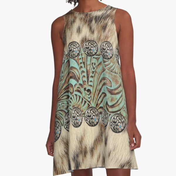 Rustic brown beige teal western country cowboy fashion A-Line Dress