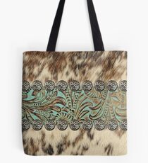 Rustic brown cowhide teal western country tooled leather Tote Bag