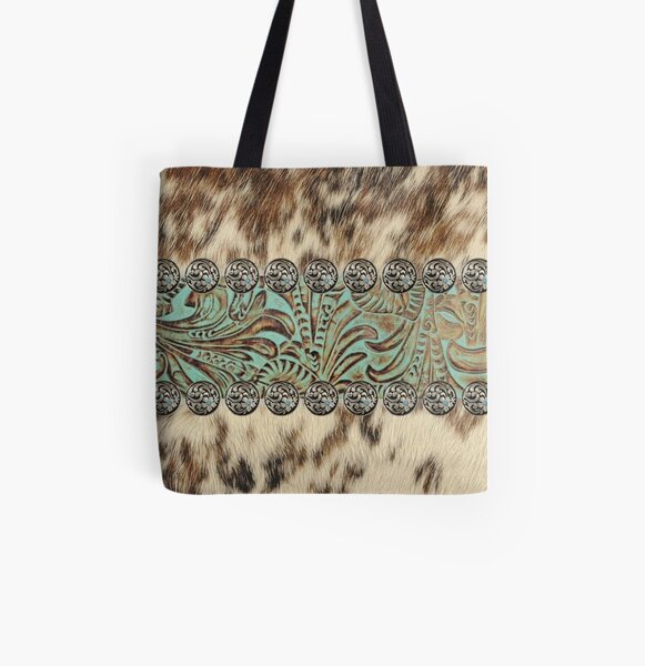 Rustic brown cowhide teal western country tooled leather All Over Print Tote Bag