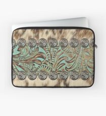 Rustic brown cowhide teal western country tooled leather Laptop Sleeve