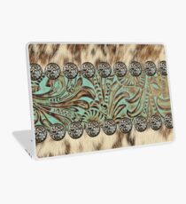 Rustic brown cowhide teal western country tooled leather Laptop Skin