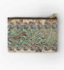 Rustic brown cowhide teal western country tooled leather Studio Pouch