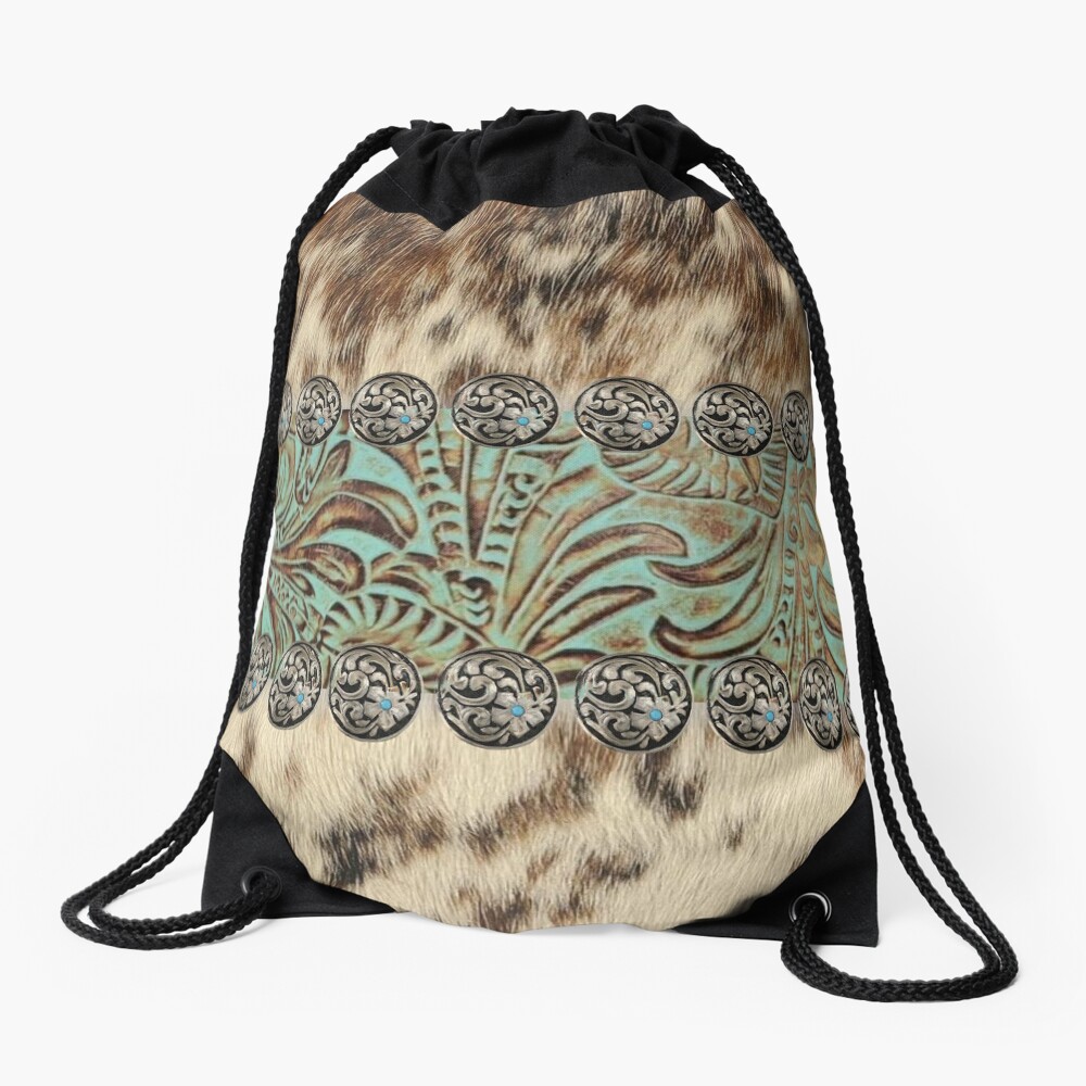 Rustic brown beige teal western country cowboy fashion Drawstring Bag