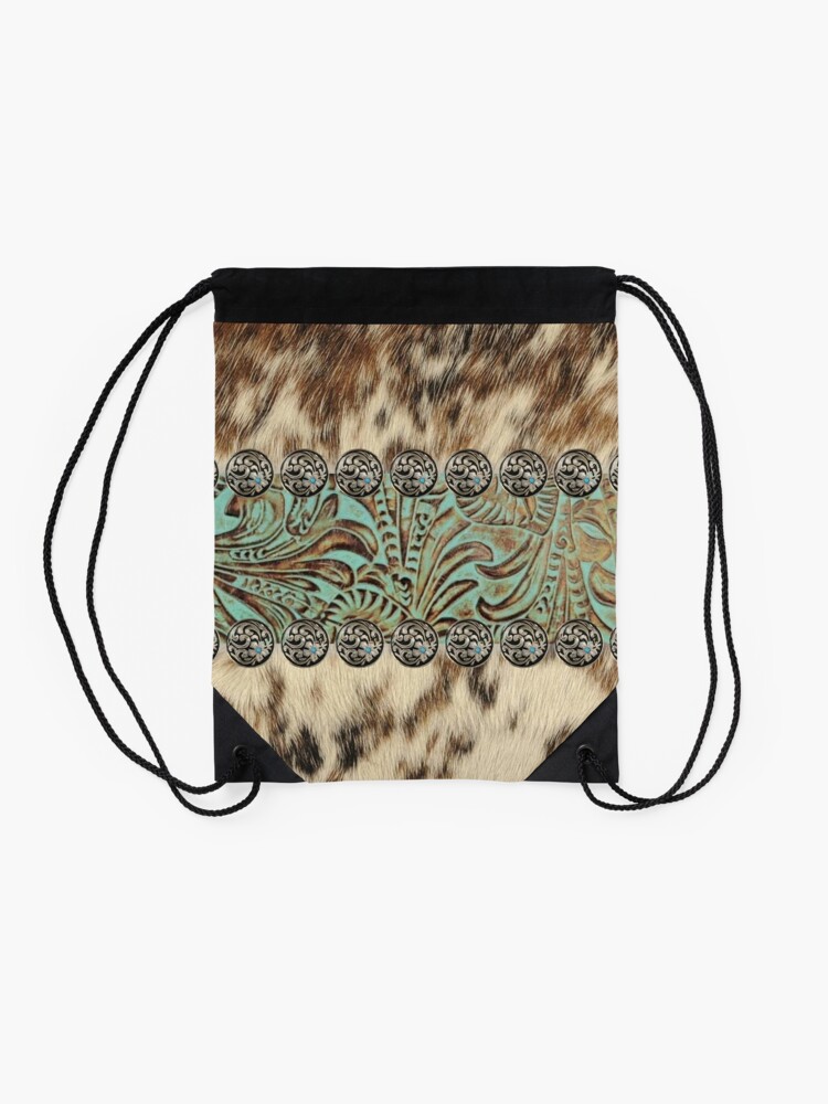 Alternate view of Rustic brown beige teal western country cowboy fashion Drawstring Bag