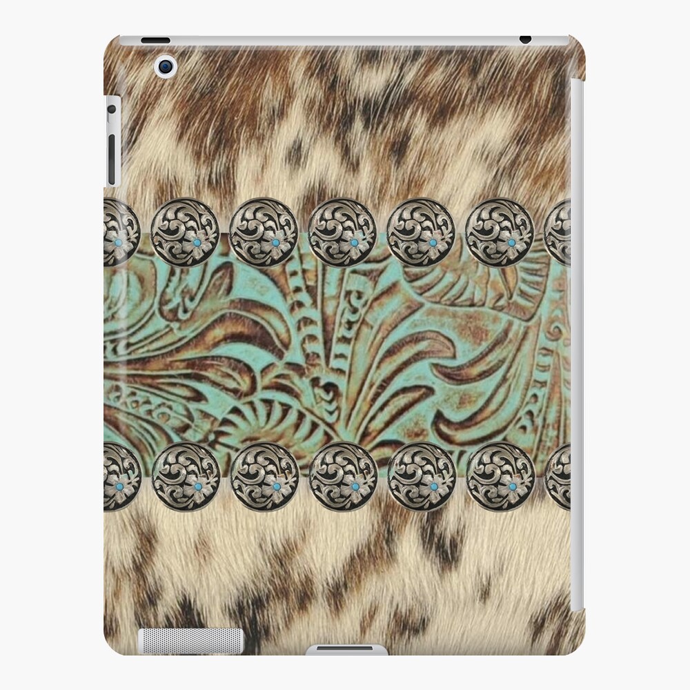 Rustic brown cowhide teal western country tooled leather iPad Case & Skin