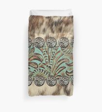 Rustic brown cowhide teal western country tooled leather Duvet Cover