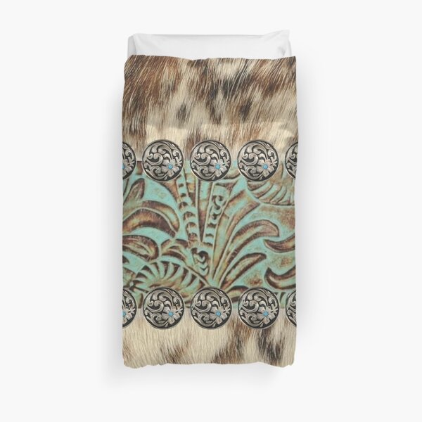 Rustic brown cowhide teal western country tooled leather Duvet Cover
