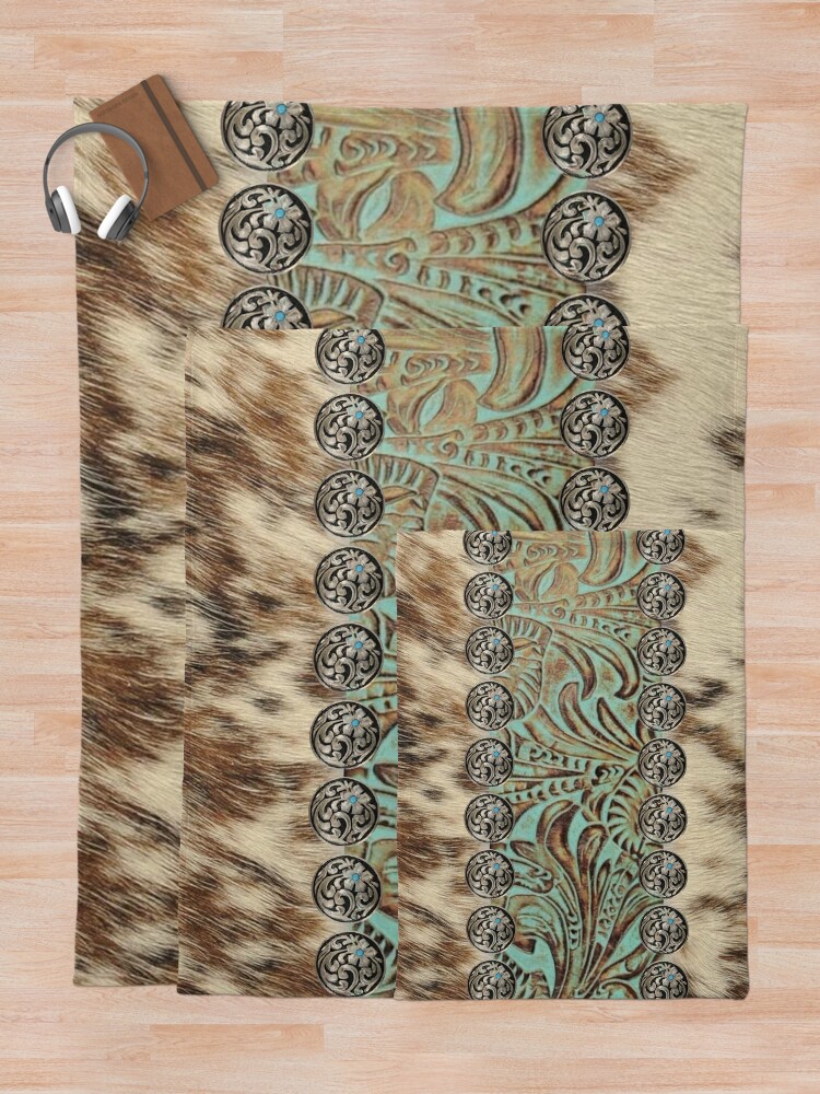 Alternate view of Rustic brown cowhide teal western country tooled leather Throw Blanket