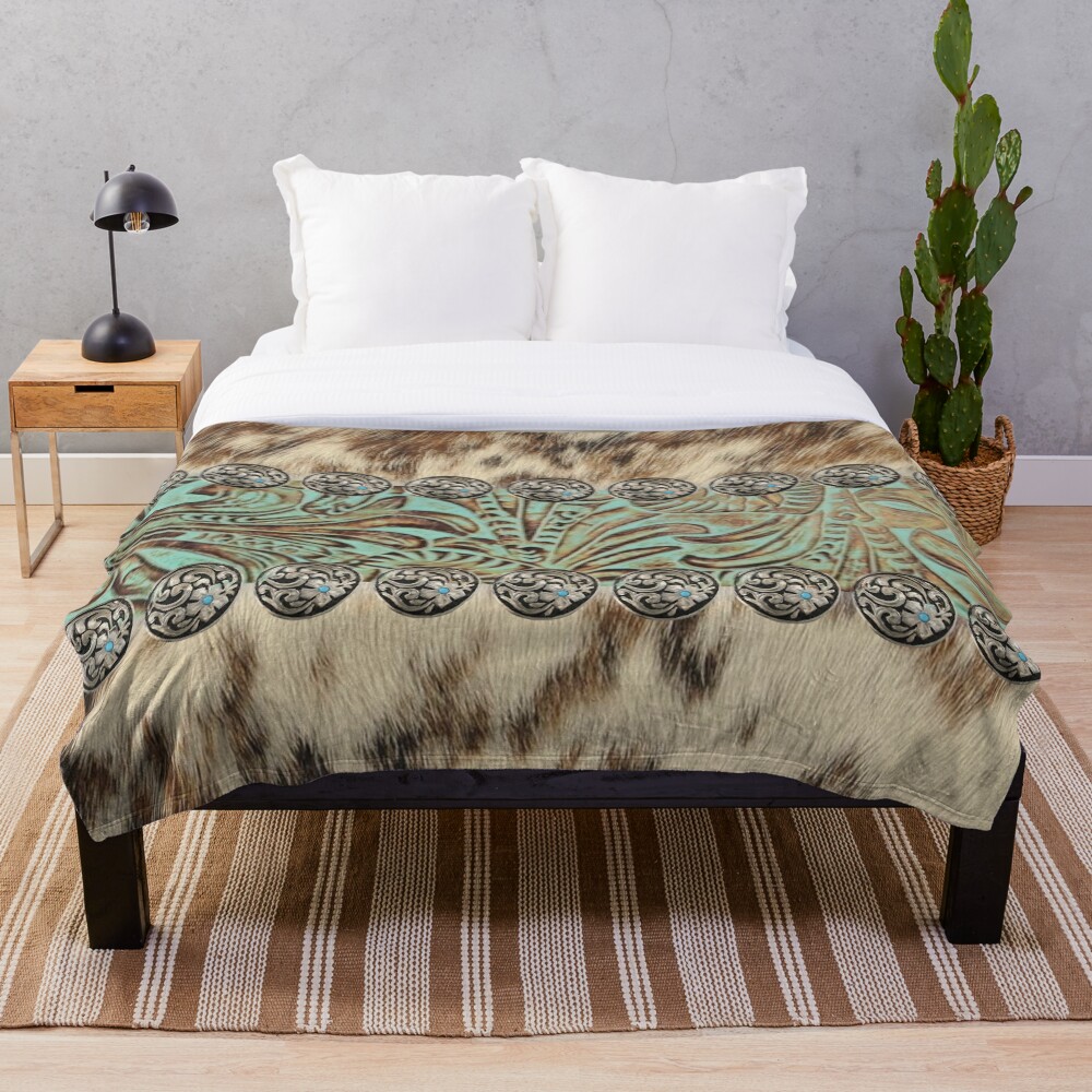 Rustic brown cowhide teal western country tooled leather Throw Blanket