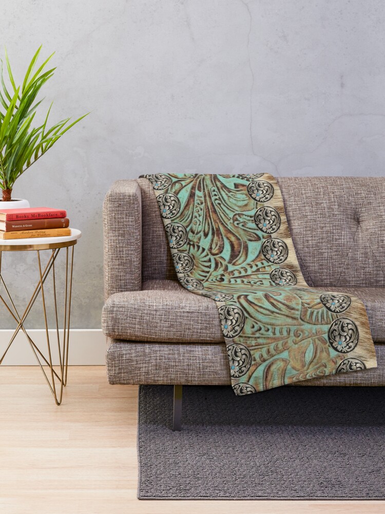 Alternate view of Rustic brown cowhide teal western country tooled leather Throw Blanket