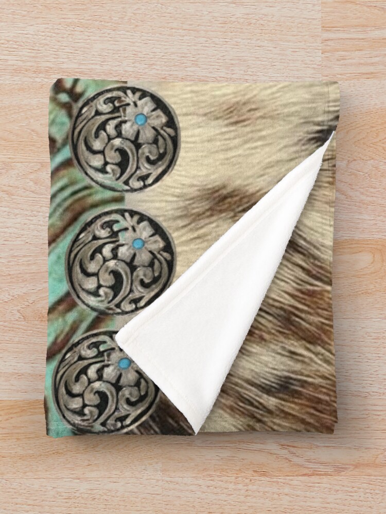 Alternate view of Rustic brown cowhide teal western country tooled leather Throw Blanket